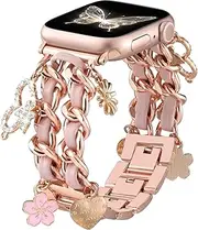 Wizton Stylish Metal Band Compatible with Apple Watch Bands for Women 40mm 38mm 41mm 44mm 42mm 45mm 46mm,Pretty Chain Strap with Apple Watch Charms for iWatch Bands Series 10 9 8 7 6 5 4 3 2 1 SE