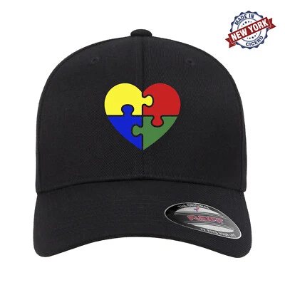 Autism Awareness Heart Puzzle Embroidered Flexfit Fitted Ball Cap Black Grey