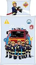 Fireman Sam Children's Bedding Set, 100 x 135 cm Duvet Cover + 40 x 60 cm Pillowcase, Breathable Cotton, with Zip, Fire Brigade Crew Pontypandy in Blue, Gift Idea Children