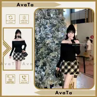 在飛比找蝦皮購物優惠-Avata 女裙套裝,格子裙套裝混搭黑色長袖牙籤毛衣 B16