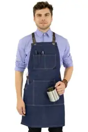 Work Apron - Pro Denim or Twill, Leather Trim, CrossBack - Chef, Bartender