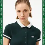 【LACOSTE】女裝-法國製造條紋網眼短袖POLO衫(深綠色)