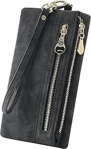 [Aslana] Soft Faux Leather Long Wallet Wristlet with hand Strap Clutch Bag for Women Multi Function Card holder Phone Bag