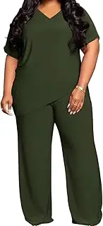 [TOPSRANI] Womens Plus Size Two Piece Outfits Sweatsuits Tracksuit V-Neck Short Sleeve Loose Baggy Wide Leg Long Pant Sets