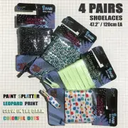 4 PAIRS Fashion Novelty Flat Shoelaces Paint Splatter Leopard Glow in Dark Dots