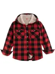 Boys Sherpa Lined Full Zip Flannel Plaid Shirt Jacket,Cozy Hooded Flannel XL
