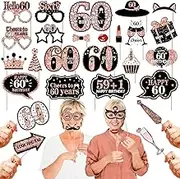 Zirtorei 30Pcs 60th Birthday Photo Booth Props for Women, Rose Gold Happy 60 Birthday Selfie Props Kit with Sticks Party Supplies Favors, Cheers to 60 years Sixty Bday Photo Props Decor ﻿