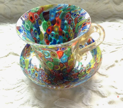 MURANO MILLEFIORI GOLD AVENTURINE ART GLASS CUP & SAUCER,DEMITASSE