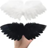 2Pcs Mini Black and White Angel Feather Wings for Crafts with Elastic Straps, Do