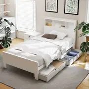 Artiss Bed Frame King Single Wooden with Shelves Drawers Bed Head