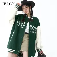 在飛比找蝦皮商城優惠-IELGY 字母刺繡棒球外套棒球服pu皮拼接外套女