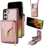 Compatible with Samsung Galaxy S23 5G Wallet Case Crossbody Strap Leather Zipper Credit Card Holder Clasp Stand Cell Accessories Phone Cover for S 23 23S GS23 G5 SM-S911U 6.1 inch Women Pink