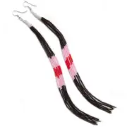 Brown Pink Glass Seed Beads Beaded Extra Long Earrings 7.5 Inch