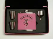 Fireball pink leather flask gift set with 2 shot glasses & funnel in leather box