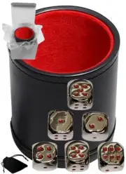 6 Zinc Alloy Dice Nickel Finish Red Pips w/Pouch + PU Leather Red Felt Lined Cup