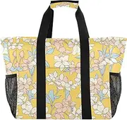 [sanluoli] Bag For Trunk Foldable Beach Bag With Pockets Canvas Car Tote, Simple Line Flower Yellow White, 1 size