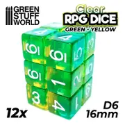 GSW - D6 16mm Dice - Clear Green/Yellow (12pc Pack)