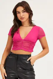 Pink Short Sleeve V Neck Ruched Mesh Top - Size S, Women's Top