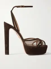 [Aquazzura] Aquazzura - Shear Plateau 130 Suede-trimmed Mesh Platform Sandals - Dark brown - IT39 IT 39 Brown