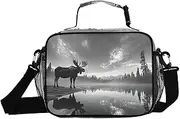 Black White Moose Tree Insulated Lunch Box for Women Men - Ideal for Work, Picnics - Includes Adjustable Shoulder Strap