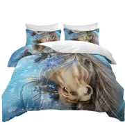 Winter Snowflake Pretty Blue Horse Quilt Cover