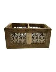 [Willow & Silk] Wooden Handmade Metal Cutlery/Storage Caddy 2-Division 29cm in Brown