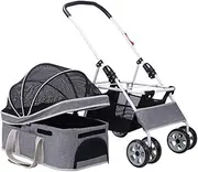 Lightweight Pet Stroller Dog Cart Cat Stroller, Dog Pram Premium Dog Strollers for Medium Dogs, Pet Carrier Foldable 4 Wheel Dog Prams Pushchairs with Detachable Carrier(Gray a)