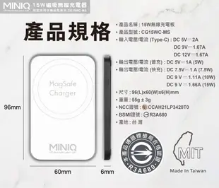 NCC認證台灣製MINIQ 車用/家用/磁吸式15W無線充最輕薄的MagSafe無線充電板iPhone13快速充電