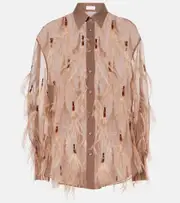 [Brunello Cucinelli] Brunello Cucinelli Feather-trimmed silk organza shirt AU 12 brown
