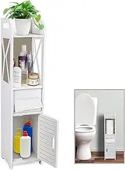 Sulfar Small Bathroom Storage Corner Floor Cabinet with Doors and Shelves, Thin Toilet Vanity Cabinet, Narrow Bath Sink Organizer, Towel Storage Shelf for Paper Holder, White