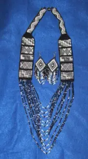 Mesa Style Beaded Necklace & Earring Set Handmade Native Regalia Black Gray #12