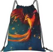 EdWal Orange Red Phoenix Print Drawstring Backpack Gym Bags Sports Draw String Bags For Gym Travel Swimming Beach, White, One Size