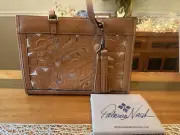 NWT $229 Patricia Nash Gianella Leather Mesh Tote Bag Hazelnut tan brown
