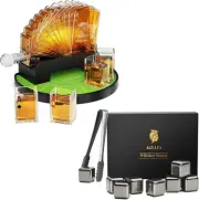 Poker Decanter Set Liquor Whiskey Ace Card Shaped Glasses Silver Ice Cubes Tongs