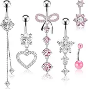 [ViEinkaufen] 6 Pcs Belly Button Bars Stainless Steel Button Piercing Rings Bow Butterfly Heart Flower Dangling Belly Button Piercing Jewelry For Women Silver Dainty Dangly Navel Ring, 5mm, Stainless