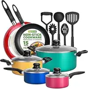 15-Piece Nonstick Kitchen Cookware Set PTFE/PFOA/PFOS- Free | Colorful Heat Resistant Lacquer Kitchen Ware Pots Pan Set w/Saucepot, Frying Pans, Pots, Oven Pot, Lids, 5 Utensil - NutriChef NCCWCOR15