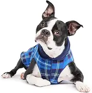 Gold Paw Duluth Double Fleece Dog Coat Pullover – Soft, Warm Dog Outfits, 4-Way Stretch Pet Sweater – Machine Washable, All-Season, Blue Plaid/Navy, Size 22