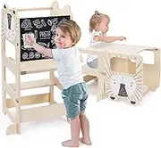 Kids Step Stool, Kitchen Stool for Toddlers, Learning Wooden Tower with Chalkboard, Foldable Toddler Table and Chair Set, 2 in 1 Standing Tower with Message Boards for 18M+