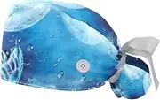 [WOSHJIUK] Working Hat 2 Pack Scrub Caps for Women,Water Drop Sea Moon Butterfly,Tie Back Cap Adjustable Scrub Hat