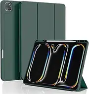 Aoub for iPad Pro 11 Inch (M4, 5th Gen 2024) Case with Pencil Holder, Smart Cover Protective Trifold Stand & Soft TPU Back, Auto Wake/Sleep, Support Pencil Pro and Pencil (USB-C) (Dark Green)