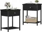 Black Nightstand Set of 2 with Drawers, Small Bedside Table for Bedroom