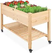 Natural Raised Garden Bed with Wheels, Mobile Elevated Wood Planter Box for Outdoor Patio, Deck, Balcony, Backyard, 120 * 59 * 80CM