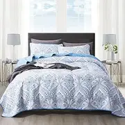 NEWLAKE Cotton Bedspread Quilt Sets - Reversible Patchwork Coverlet Set, Blue Classic Royal Pattern, California King Size
