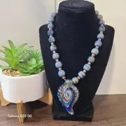 Handcrafted Glass Beads Bib Blue Tone Pendant Necklace NEW Ladies Statement