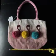 Flamingo Sequin Art Pom Pom Canvas Tote Handbag Clutch Beach Bag MUD PIE