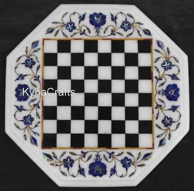 Octagon White Marble Coffee Table Top Chess Design Inlay Work Game Table