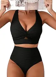 [Herseas] Women's Textured Bikini Sets Twist Front Top Swimsuits High Waisted Bathing Suits, Black, X-Large