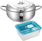 MTSDM 8 Inch Deep Fryer Pot and 1 Stainless Steel Sealed Box, Japanese Stainless Steel Frying Pot With Thermometer, Lid And Oil Drip Drainer Rack for Kitchen French Fries Chicken Wings Shrimp
