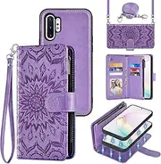 Phone Case for Samsung Galaxy Note 10 Plus Note10+ 5G Zipper Wallet Magnetic Detachable Cell Cover with Screen Protector Crossbody Lanyard Strap Flip Card Holder Note10 + Notes 10+ Ten 10Plus Purple