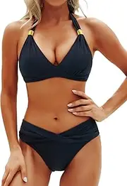 [Yonique] Women Two Piece Bathing Suits Push Up Bikini Set Halter Swimsuit Vintage Swimwear